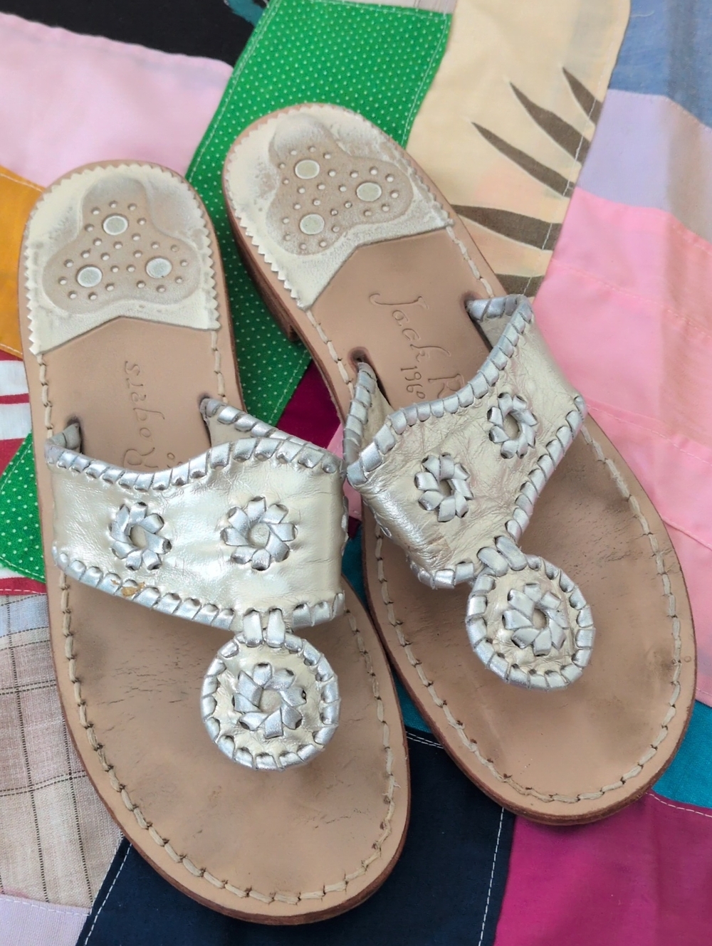 Jack Rogers Silver Leather Whipstitch Thong Sandals